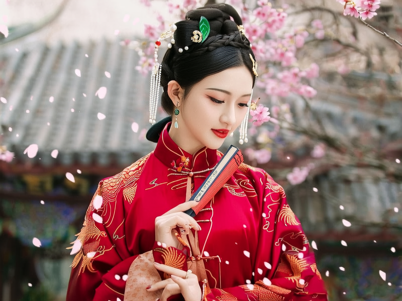 一位优雅的女性在古老的中国庭院中漫步，她身穿一件华丽的红色旗袍，旗袍上绣着金色的凤凰图案。她的头发被精心梳理并装饰着珍珠...